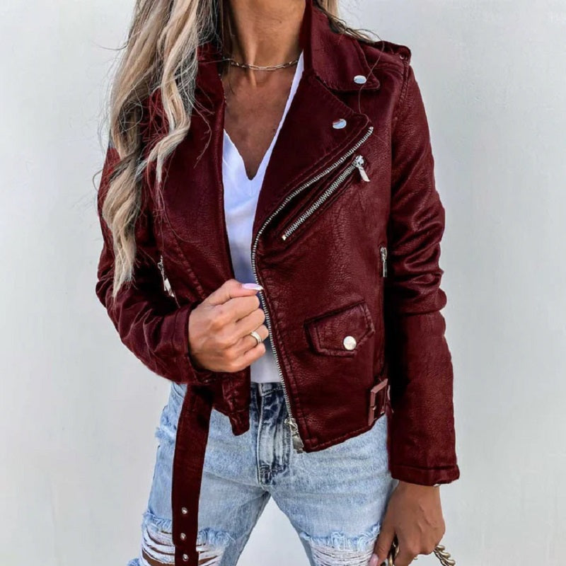 Joanna | Damska kurtka skórzana biker z kołnierzem