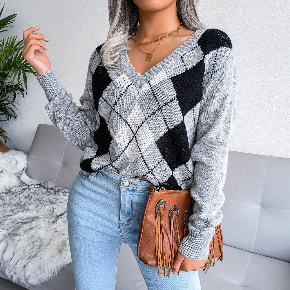 Lucyna | Sweter damski z dekoltem w serek argyle