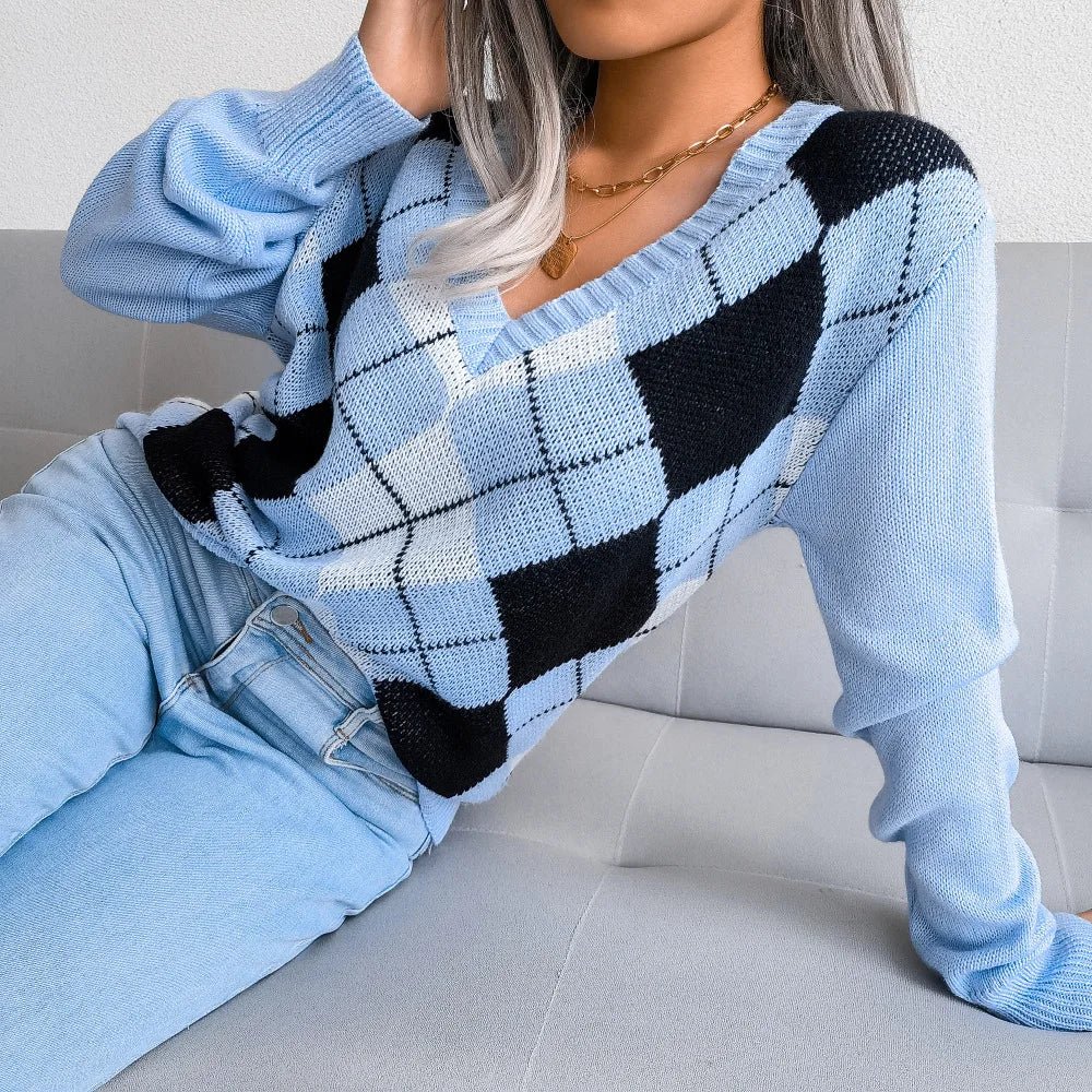 Lucyna | Sweter damski z dekoltem w serek argyle
