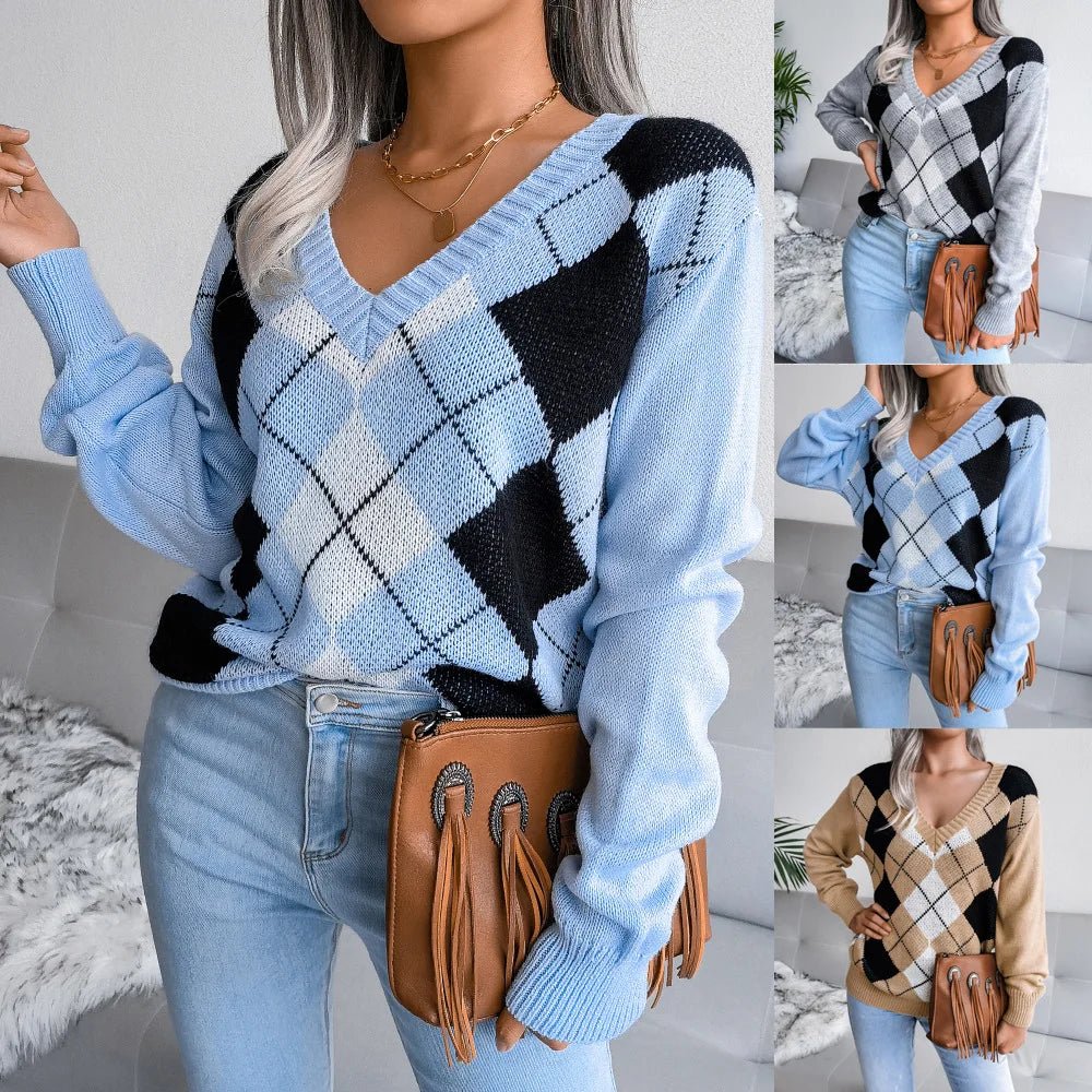 Lucyna | Sweter damski z dekoltem w serek argyle