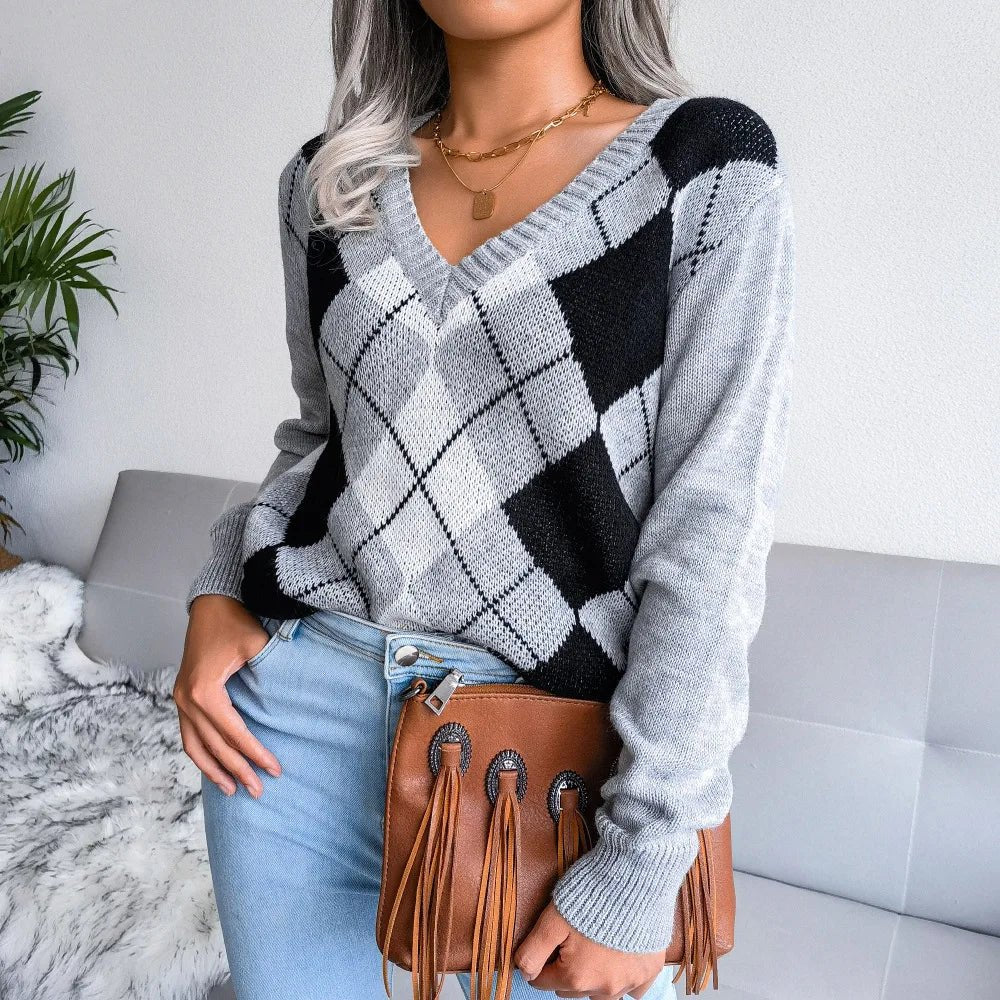 Lucyna | Sweter damski z dekoltem w serek argyle