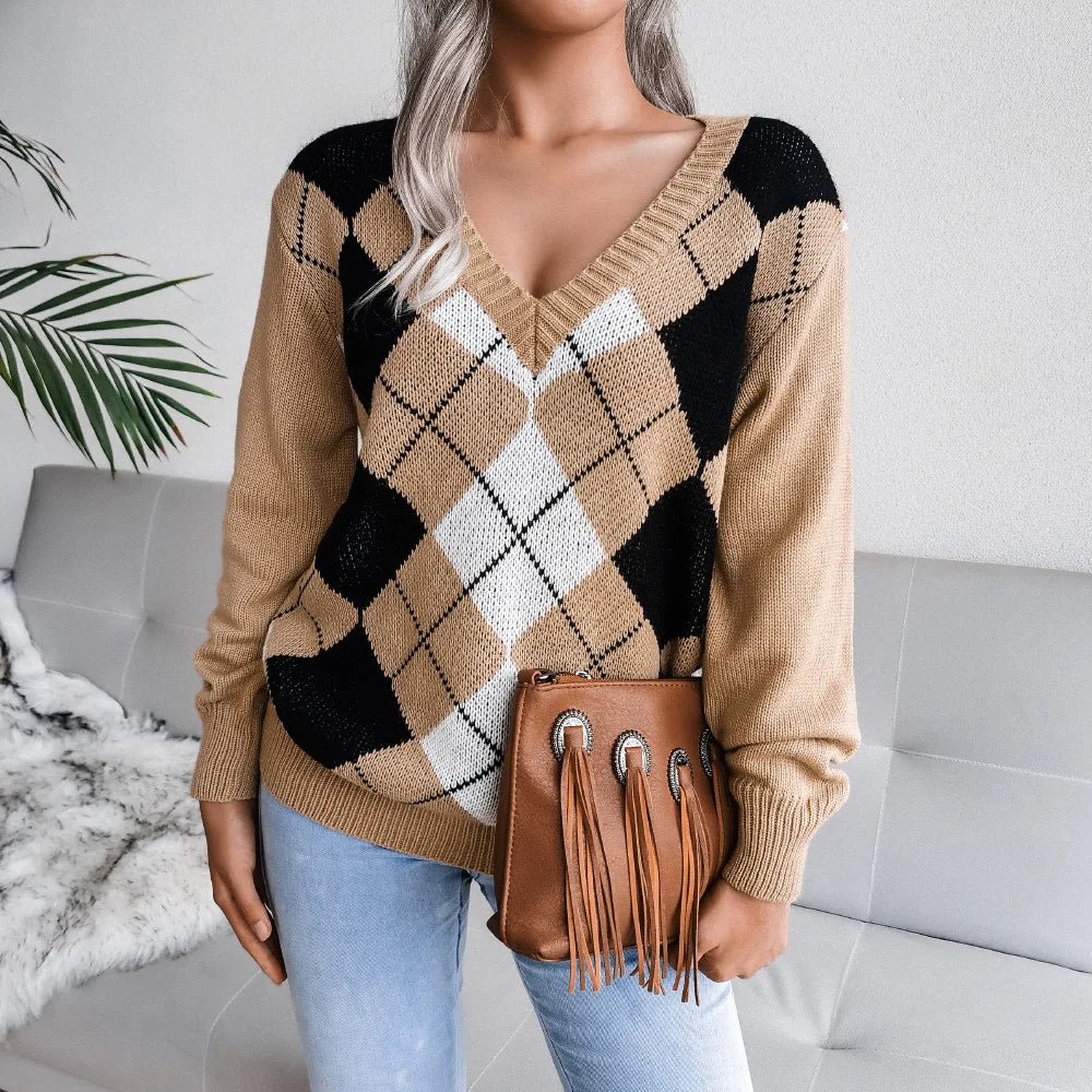 Lucyna | Sweter damski z dekoltem w serek argyle