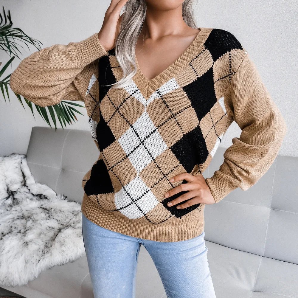 Lucyna | Sweter damski z dekoltem w serek argyle