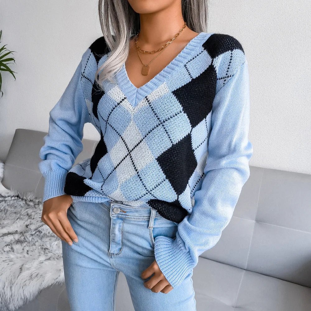 Lucyna | Sweter damski z dekoltem w serek argyle