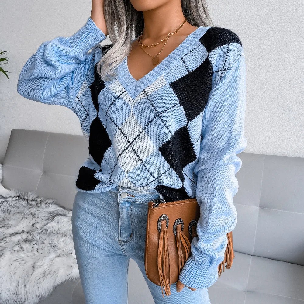 Lucyna | Sweter damski z dekoltem w serek argyle