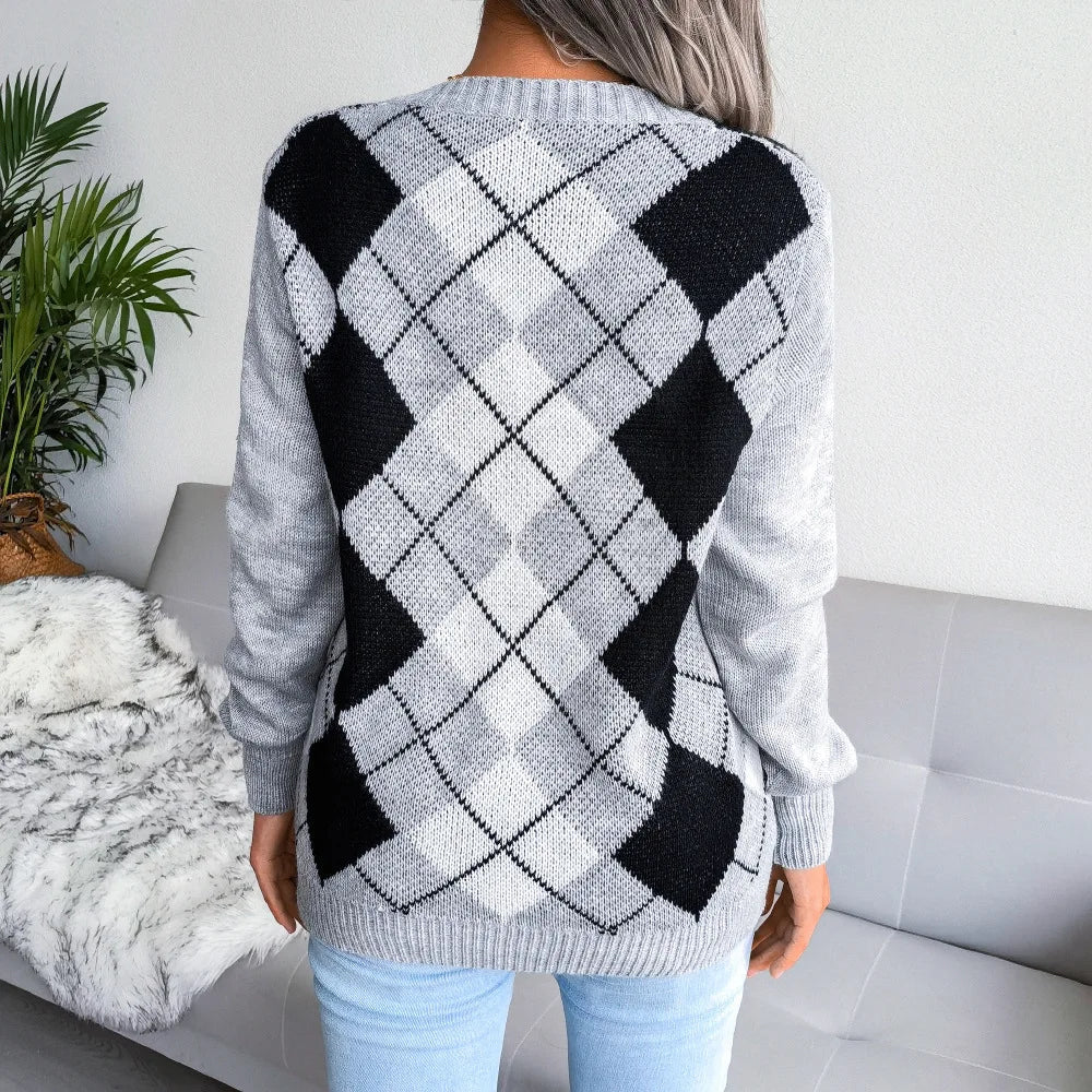 Lucyna | Sweter damski z dekoltem w serek argyle