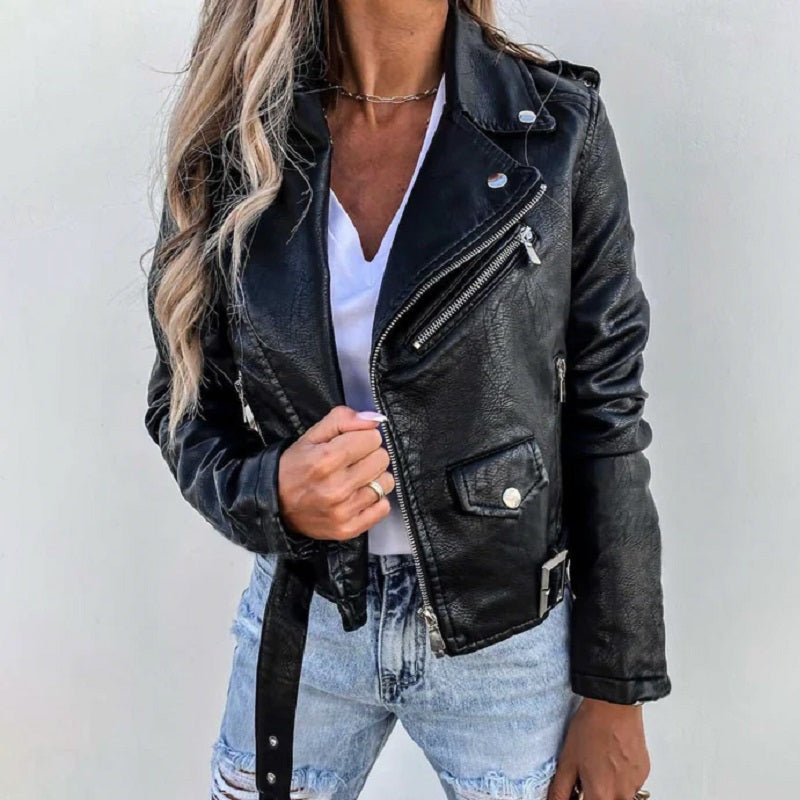 Joanna | Damska kurtka skórzana biker z kołnierzem
