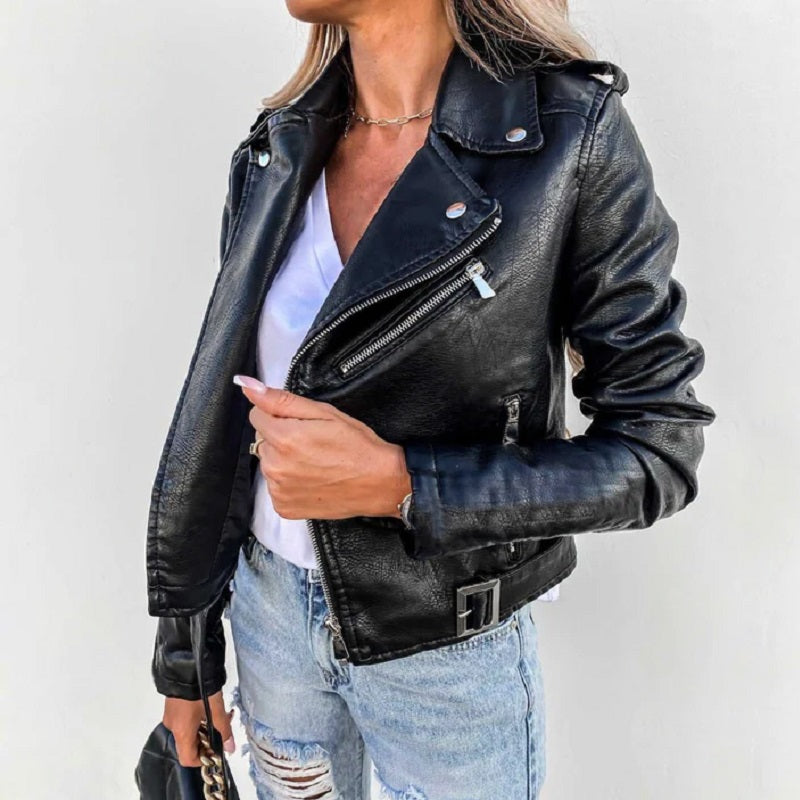 Joanna | Damska kurtka skórzana biker z kołnierzem