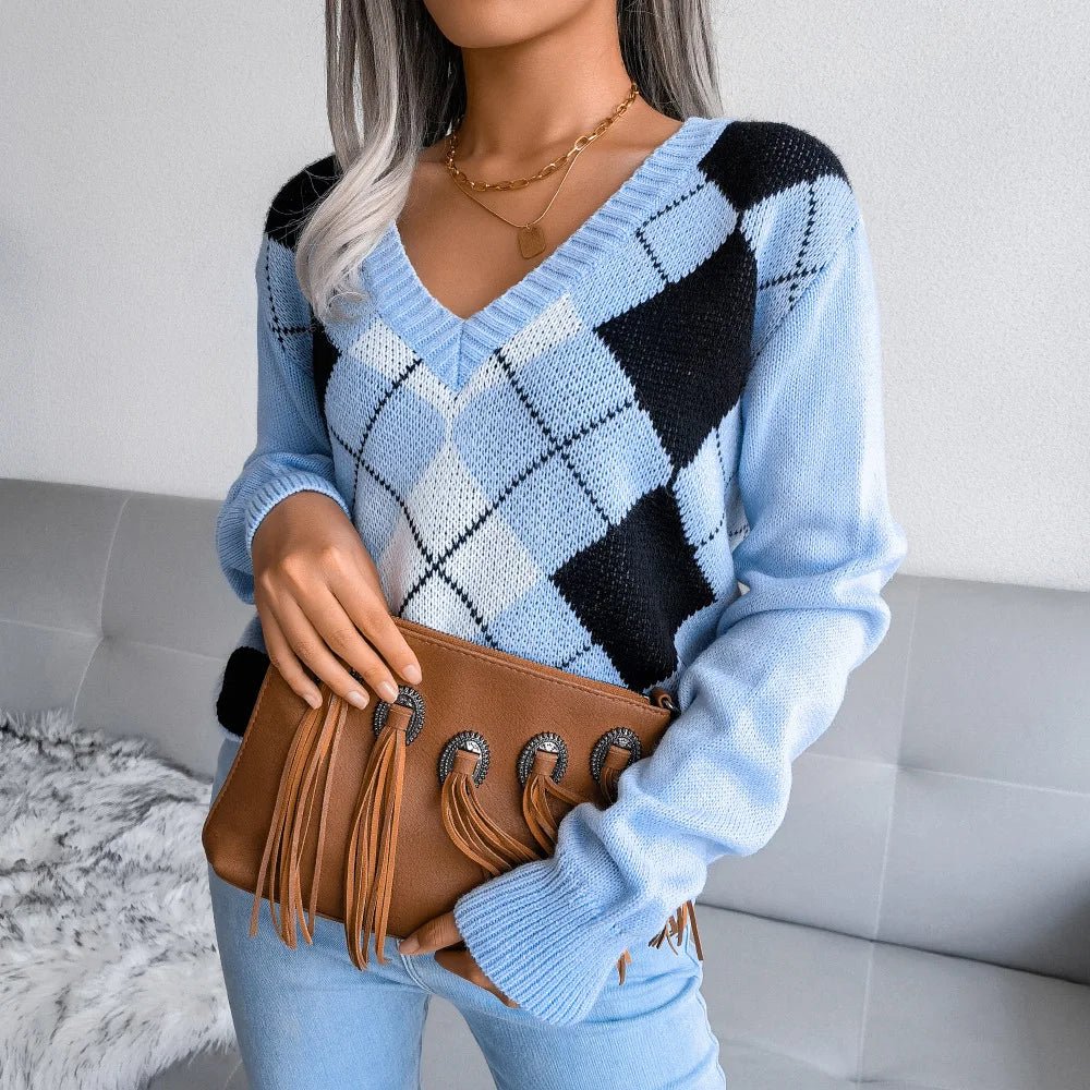 Lucyna | Sweter damski z dekoltem w serek argyle