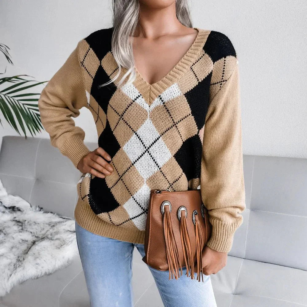 Lucyna | Sweter damski z dekoltem w serek argyle